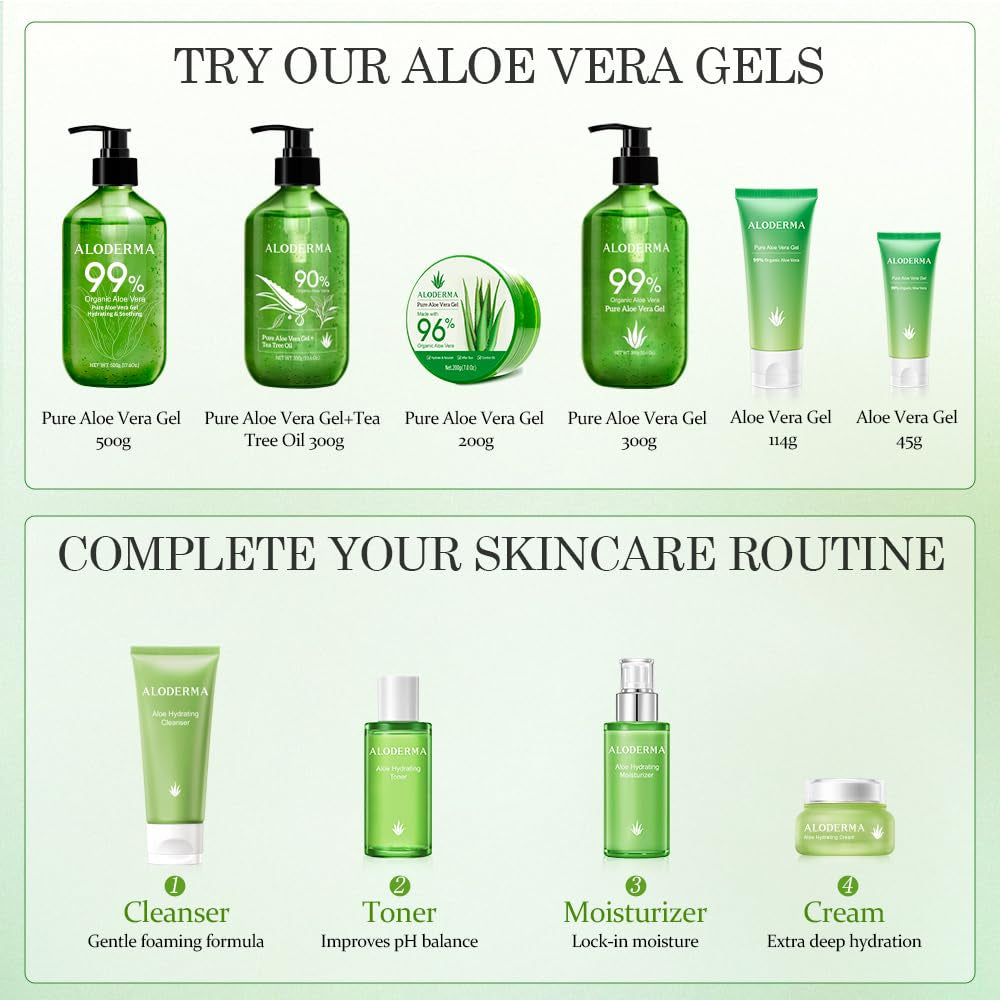 Aloe Vera Gel Set 3 Pack - Aloe Flower Essence Gel, Pure Aloe Vera Gel, Aloe Vera Gel + Tea Tree Oil
